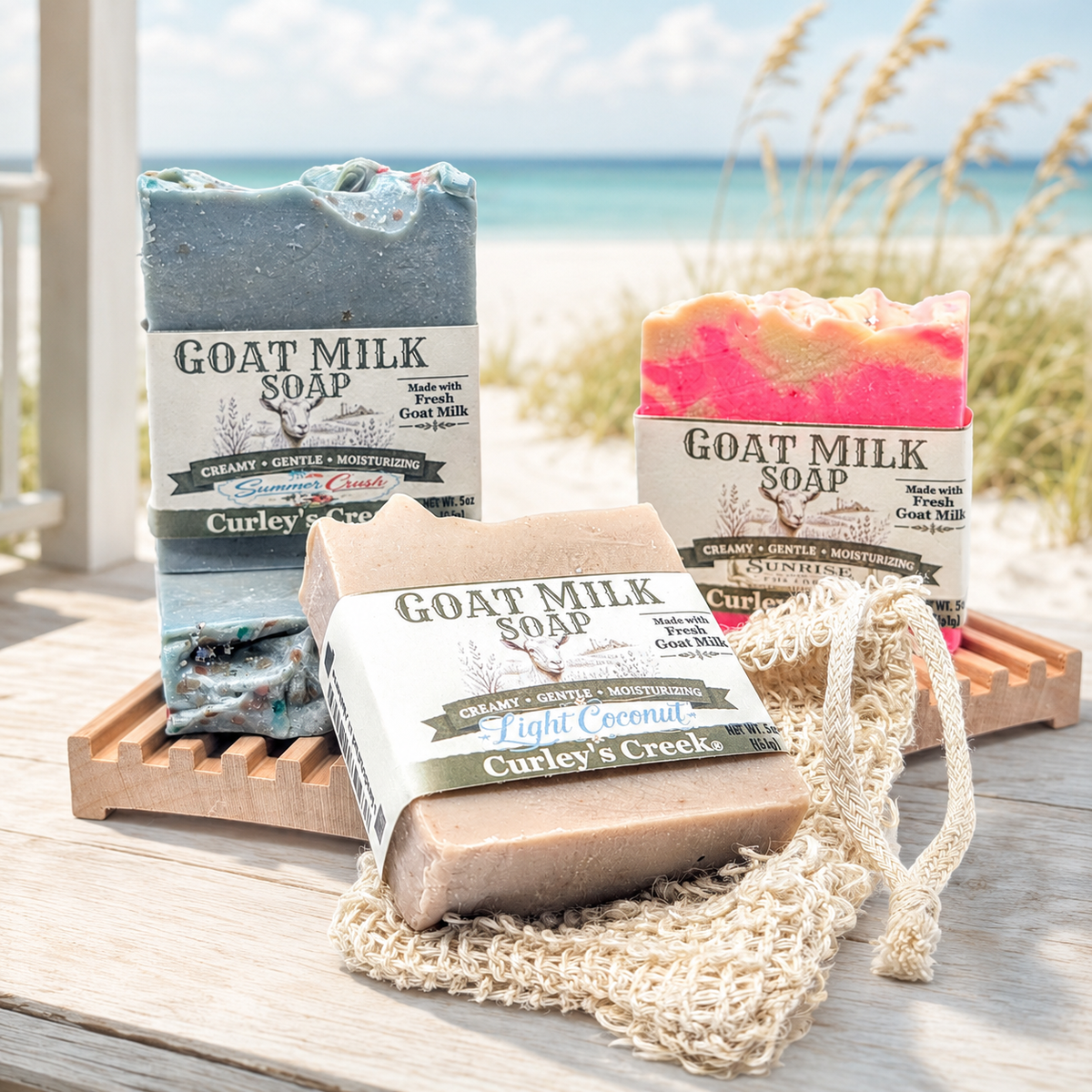 Beach Bundle – Goat Milk Soap Trio & Wooden Soap Dish