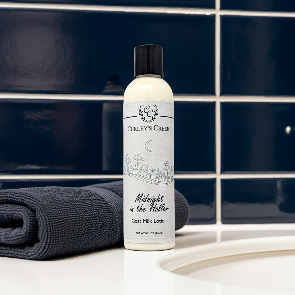 Midnight in the Holler Goat Milk Lotion | Smoky Earthy Hand & Body Moisturizer | 4oz | 8oz | 16oz | Curley's Creek Skincare