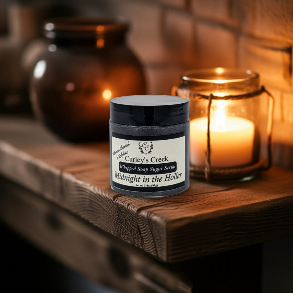 🌙 Midnight in the Holler | Whipped Soap Sugar Scrub | Mahogany & Teakwood | 3.5oz | 7oz | Curley's Creek