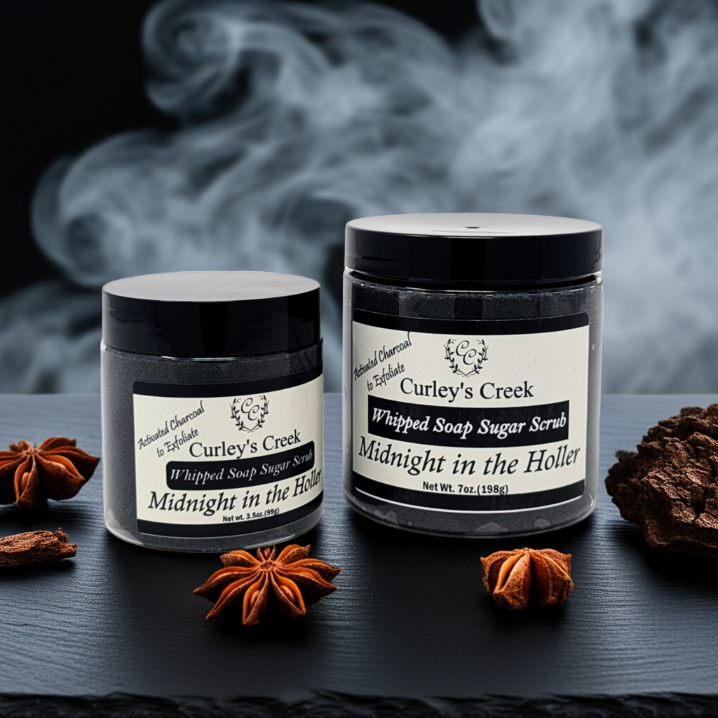 🌙 Midnight in the Holler | Whipped Soap Sugar Scrub | Mahogany & Teakwood | 3.5oz | 7oz | Curley's Creek