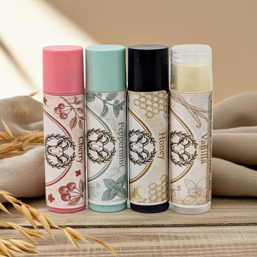 🎁 Goat Milk Lip Balm Variety Pack | Cherry, Vanilla, Honey & Peppermint | Curley’s Creek