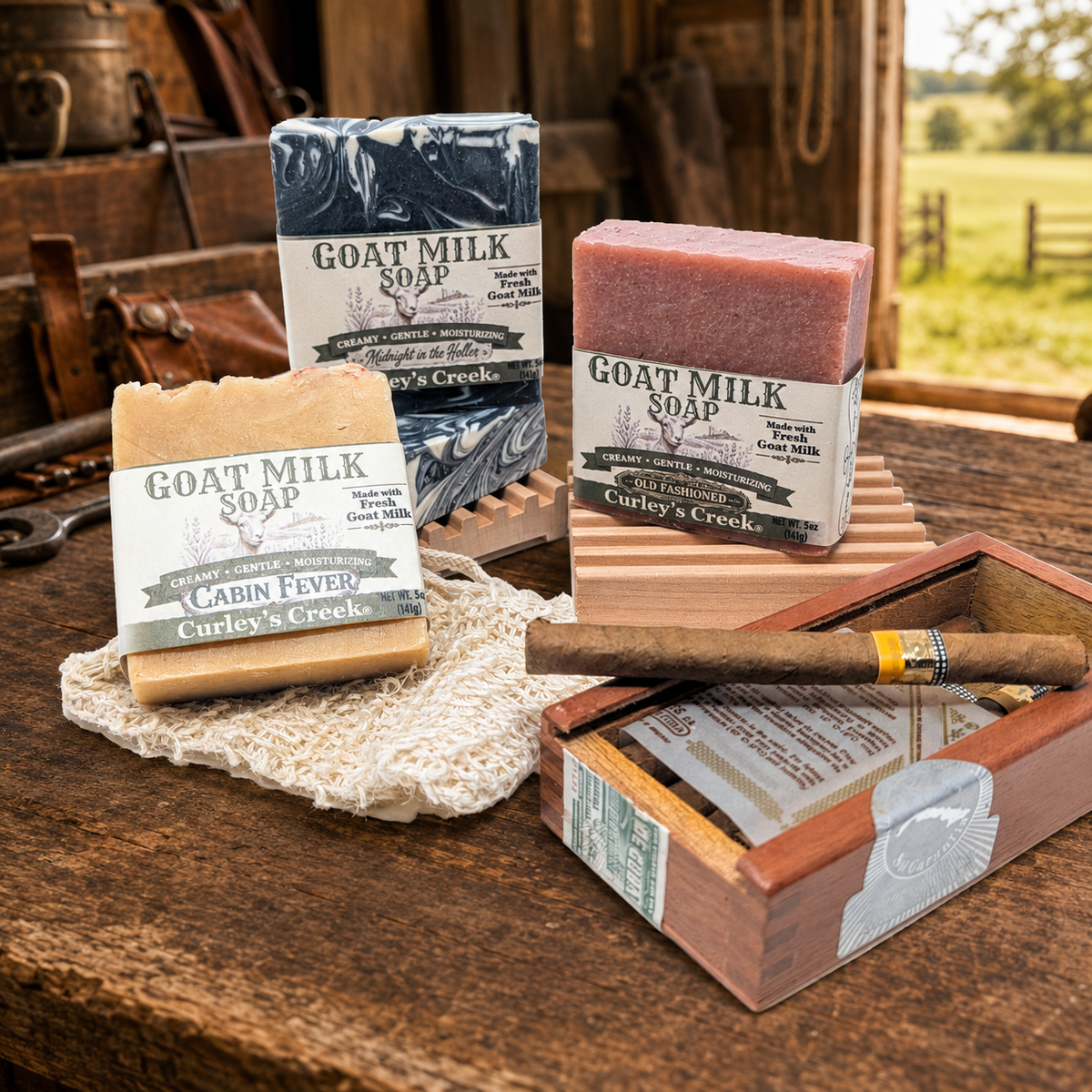Farmhand Bundle – Men’s Goat Milk Soap Trio & Wooden Soap Dish