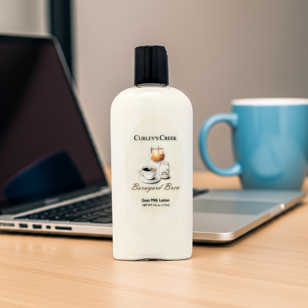 Barnyard Brew Goat Milk Lotion | Warm Coconut Coffee Scent | Handmade Moisturizer | 4oz | 8oz | 16oz | Curley’s Creek