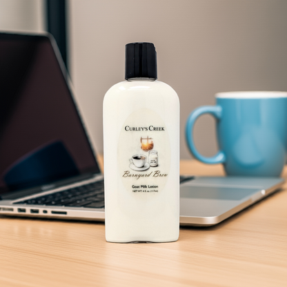 Barnyard Brew Goat Milk Lotion | Warm Coconut Coffee Scent | Handmade Moisturizer | 4oz | 8oz | 16oz | Curley’s Creek