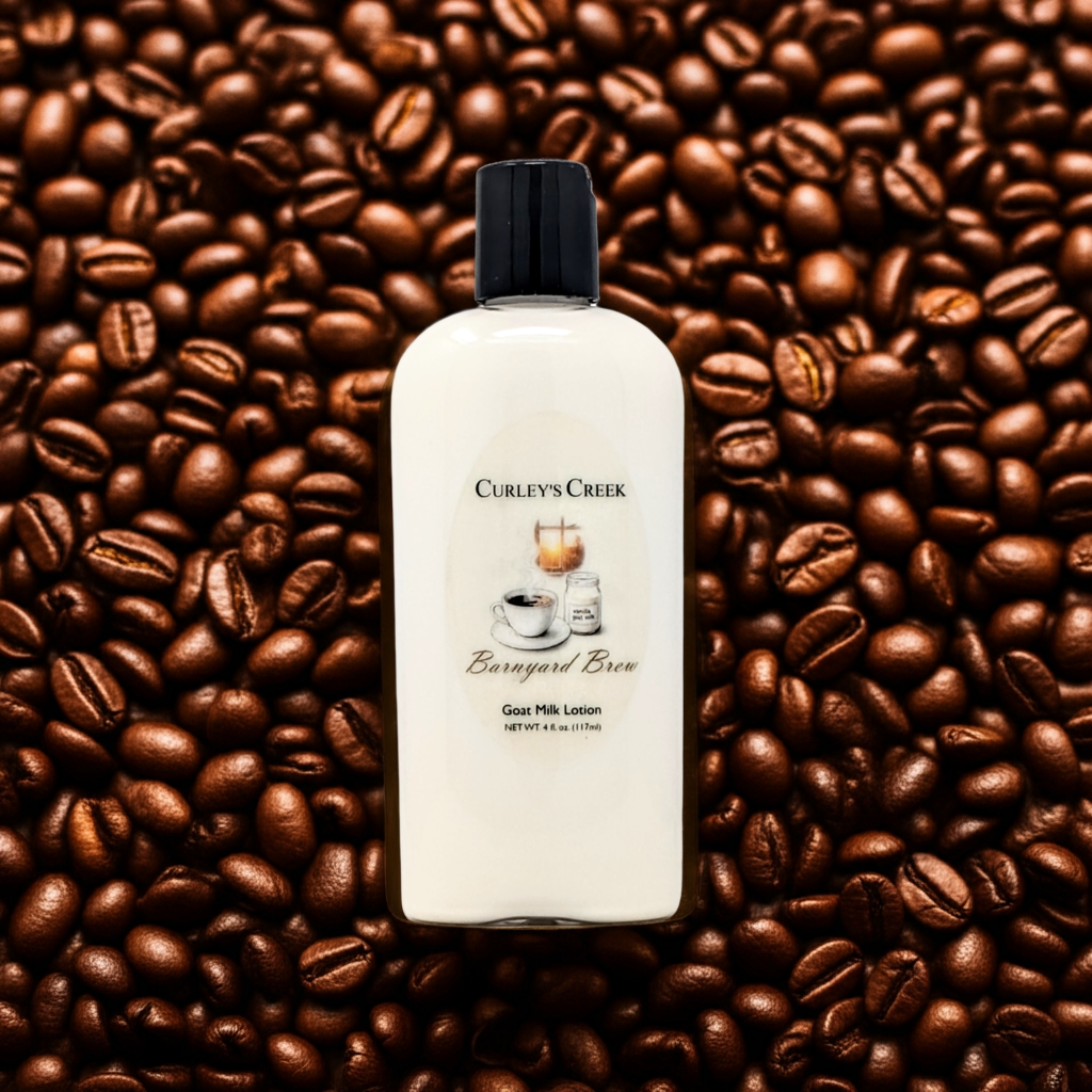 Barnyard Brew Goat Milk Lotion | Warm Coconut Coffee Scent | Handmade Moisturizer | 4oz | 8oz | 16oz | Curley’s Creek