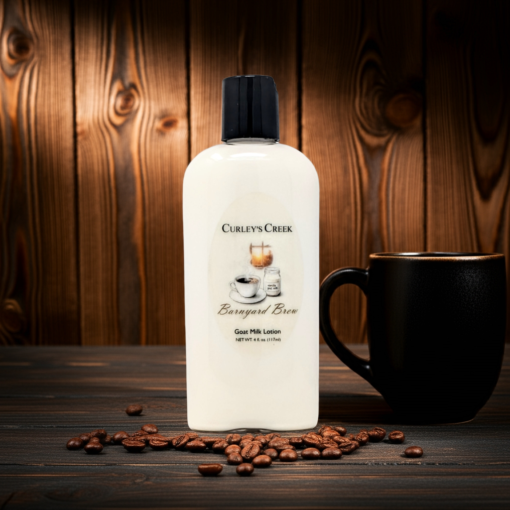 Barnyard Brew Goat Milk Lotion | Warm Coconut Coffee Scent | Handmade Moisturizer | 4oz | 8oz | 16oz | Curley’s Creek