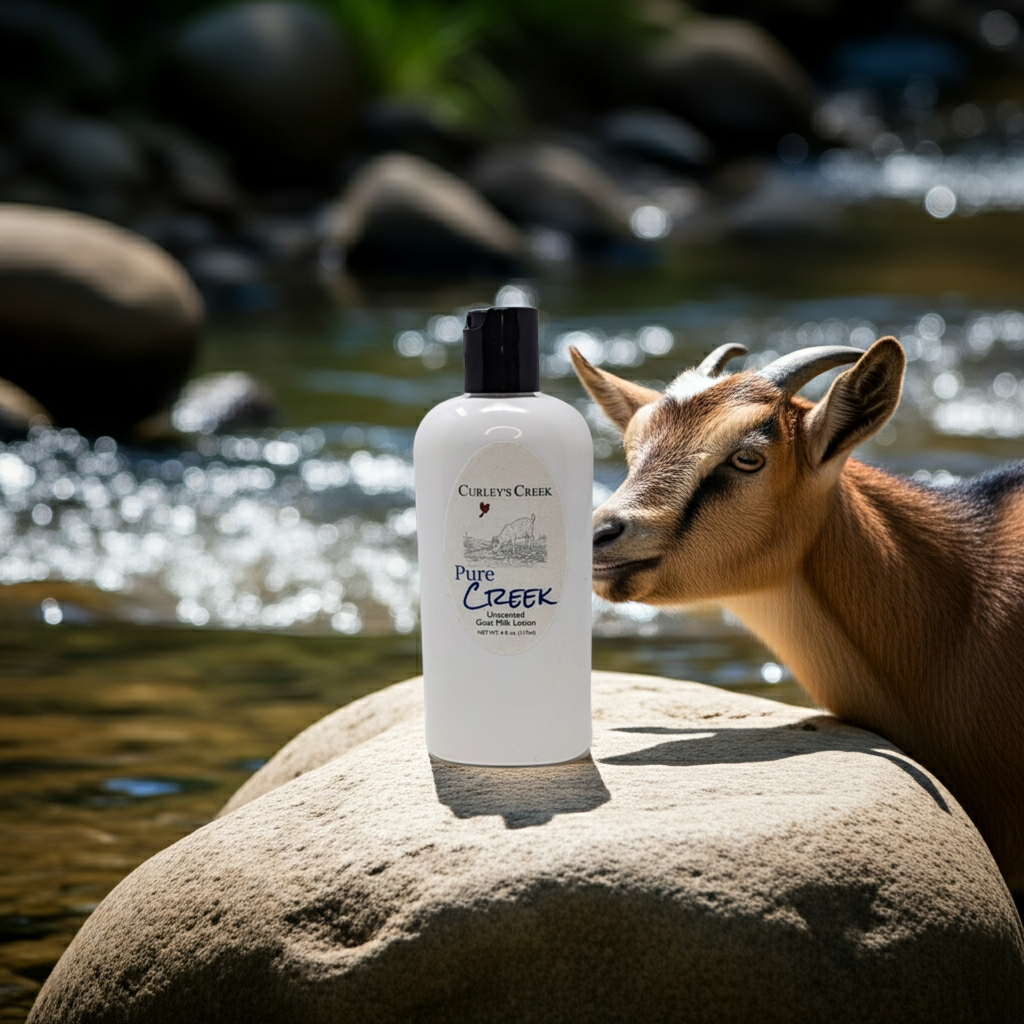 Pure Creek Goat Milk Lotion | Unscented Hand & Body Moisturizer | Non-Greasy | 4oz | 8oz | Curley's Creek Skincare