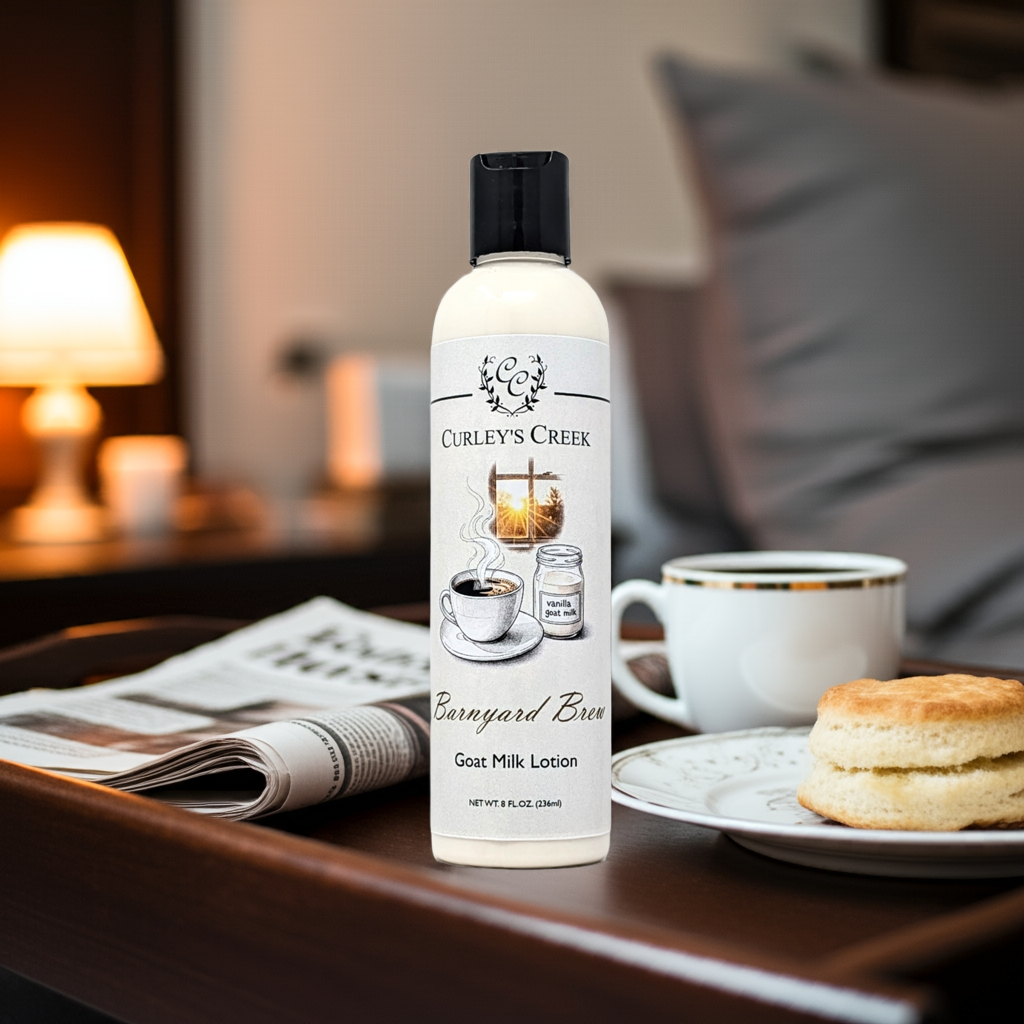 Barnyard Brew Goat Milk Lotion | Warm Coconut Coffee Scent | Handmade Moisturizer | 4oz | 8oz | 16oz | Curley’s Creek