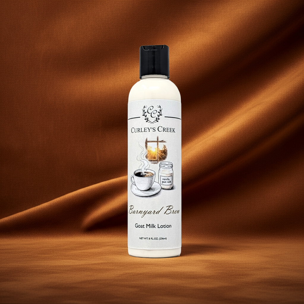 Barnyard Brew Goat Milk Lotion | Warm Coconut Coffee Scent | Handmade Moisturizer | 4oz | 8oz | 16oz | Curley’s Creek