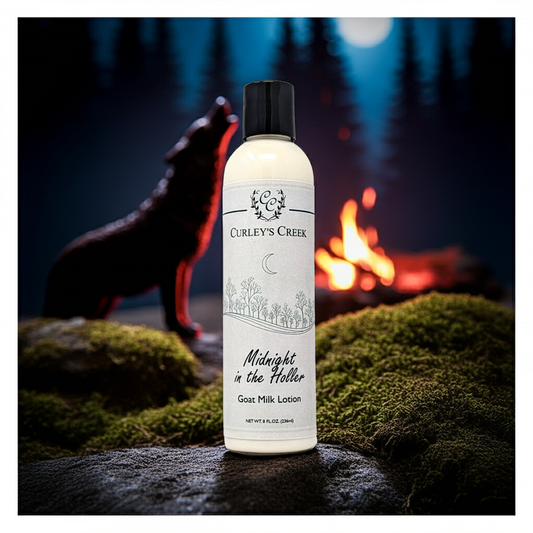 Midnight in the Holler Goat Milk Lotion | Smoky Earthy Hand & Body Moisturizer | 4oz | 8oz | Curley's Creek Skincare