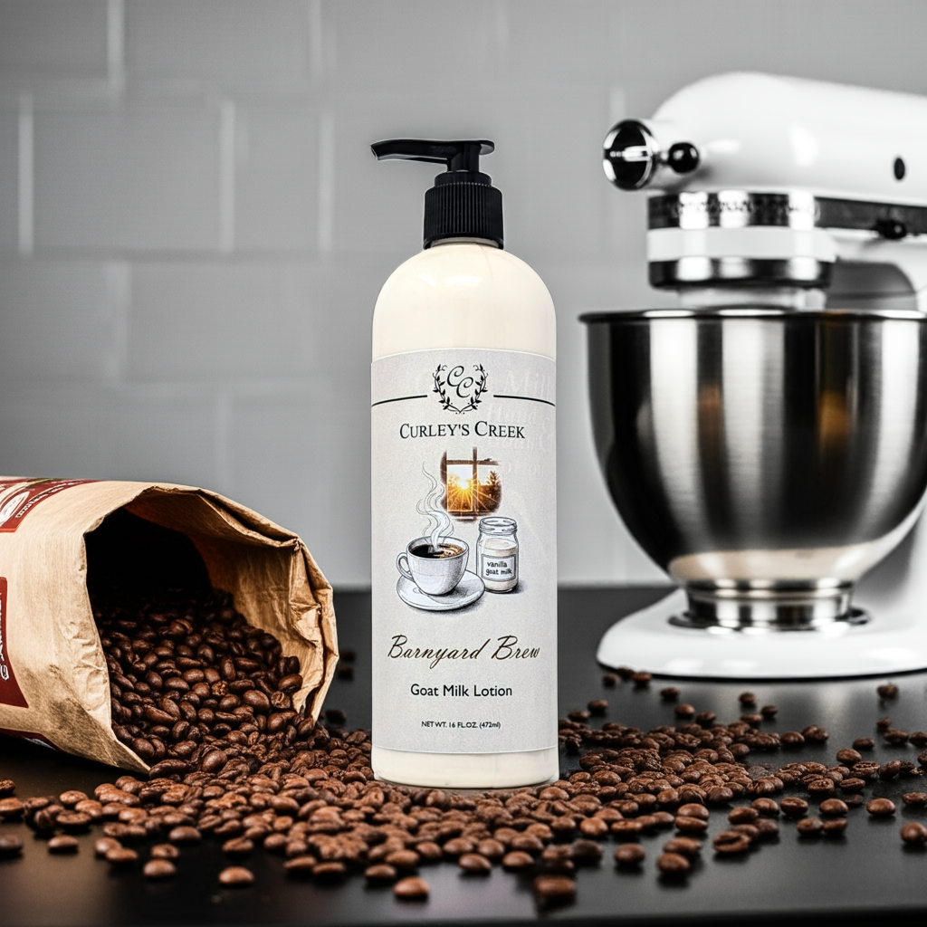 Barnyard Brew Goat Milk Lotion | Warm Coconut Coffee Scent | Handmade Moisturizer | 4oz | 8oz | 16oz | Curley’s Creek