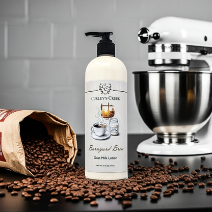 Barnyard Brew Goat Milk Lotion | Warm Coconut Coffee Scent | Handmade Moisturizer | 4oz | 8oz | 16oz | Curley’s Creek