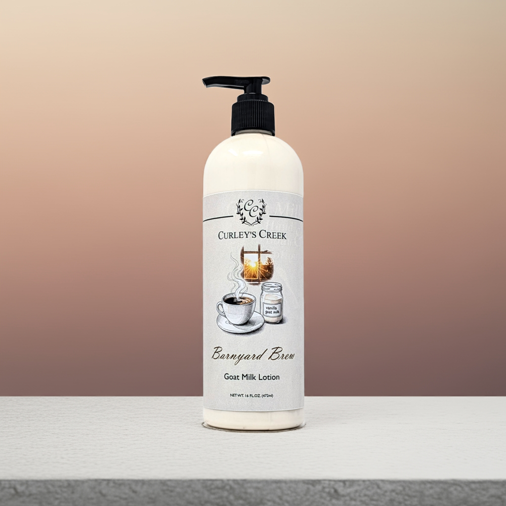 Barnyard Brew Goat Milk Lotion | Warm Coconut Coffee Scent | Handmade Moisturizer | 4oz | 8oz | 16oz | Curley’s Creek