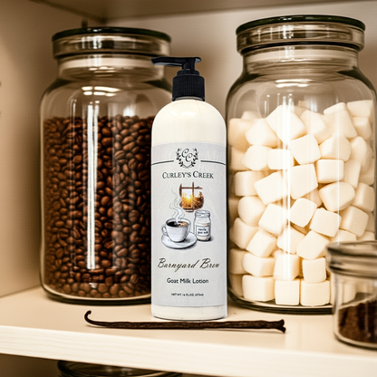 Barnyard Brew Goat Milk Lotion | Warm Coconut Coffee Scent | Handmade Moisturizer | 4oz | 8oz | 16oz | Curley’s Creek