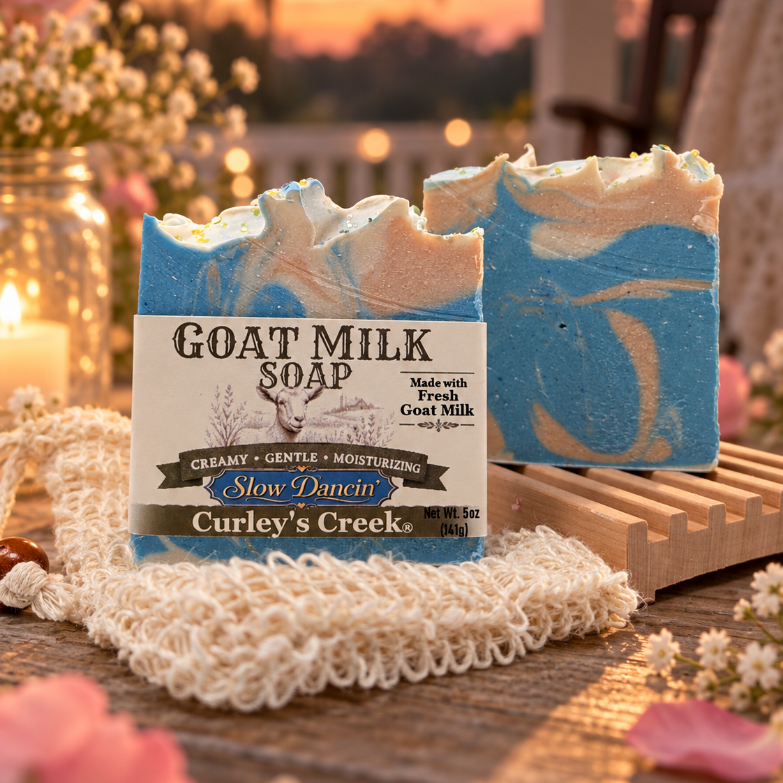 Two artisanal goat milk soap bars with blue, cream, and white marbled swirls are displayed on a wooden stand. One bar is upright with its paper label facing forward, reading 'GOAT MILK SOAP' and 'Curley's Creek,' while the other lies flat behind it.