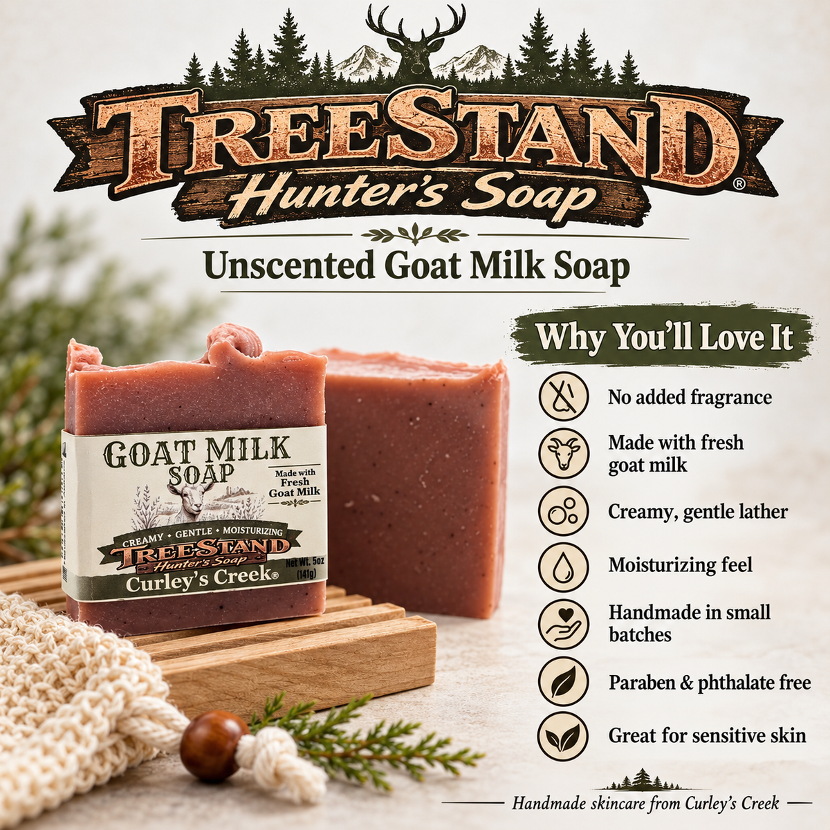 Goat Milk Soap | TreeStand | Unscented Hunter's Soap | Natural Handmade Skincare | Curley's Creek®