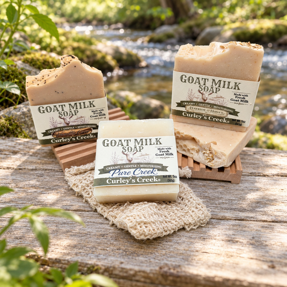Gentle Creek Bundle – Goat Milk Soap Trio & Wooden Soap Dish
