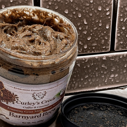 Goat Milk Foaming Sugar Scrub | Barnyard Brew | Handmade Natural Exfoliating Skincare | Coconut Coffee Blend | Curley’s Creek®