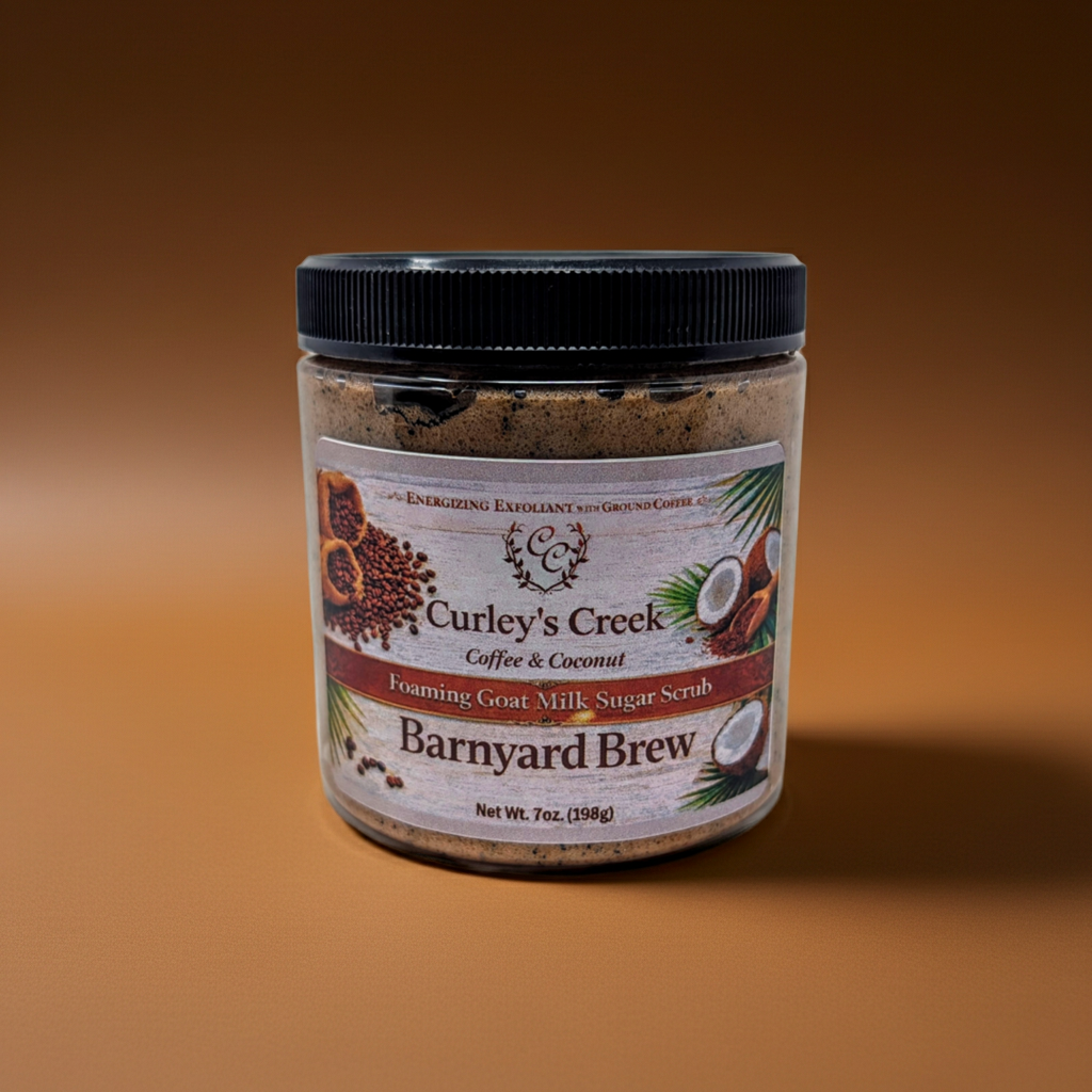 Goat Milk Foaming Sugar Scrub | Barnyard Brew | Handmade Natural Exfoliating Skincare | Coconut Coffee Blend | Curley’s Creek®