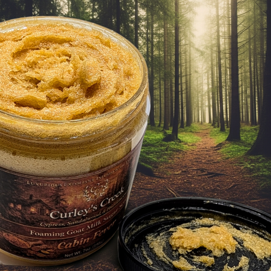 🪵 Cabin Fever | Foaming Goat Milk Sugar Scrub | Handmade Natural Skincare | Smoky Woods & Amber | Curley’s Creek