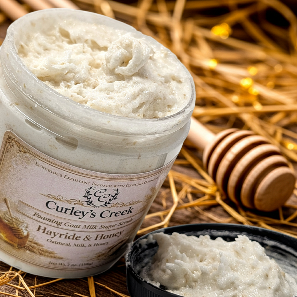 Goat Milk Foaming Sugar Scrub | Hayride & Honey | Handmade Natural Skincare | Oatmilk, Vanilla & Honey | Curley’s Creek®