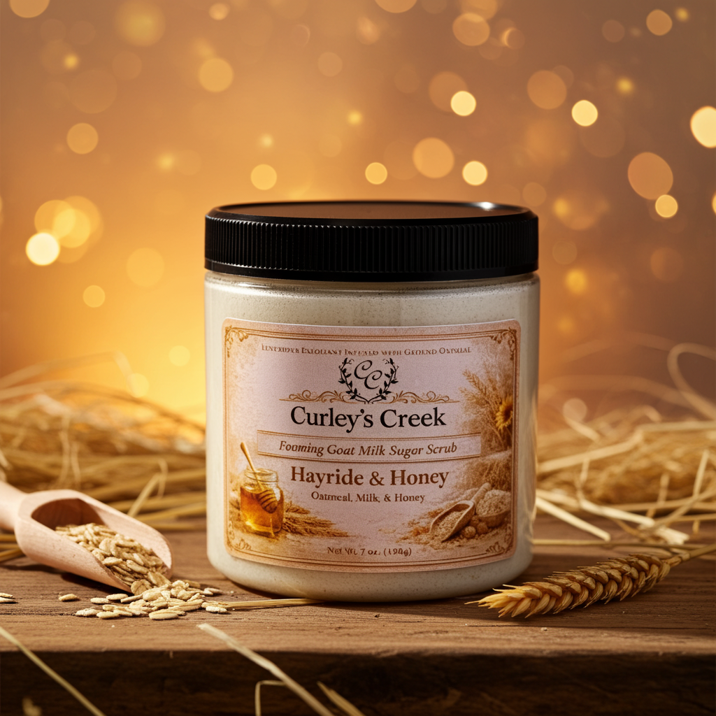 Goat Milk Foaming Sugar Scrub | Hayride & Honey | Handmade Natural Skincare | Oatmilk, Vanilla & Honey | Curley’s Creek®