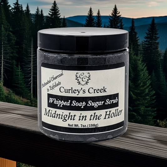 🌙 Midnight in the Holler | Whipped Soap Sugar Scrub | Mahogany & Teakwood | 7oz | Curley's Creek