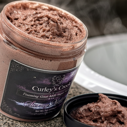 Goat Milk Foaming Sugar Scrub | Stormy Nights | Exfoliating Skincare | Dark Floral & Patchouli | Curley’s Creek®