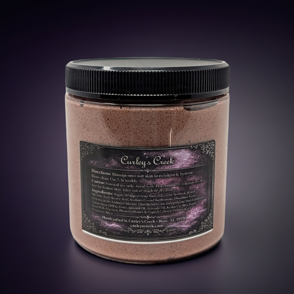 Goat Milk Foaming Sugar Scrub | Stormy Nights | Exfoliating Skincare | Dark Floral & Patchouli | Curley’s Creek®