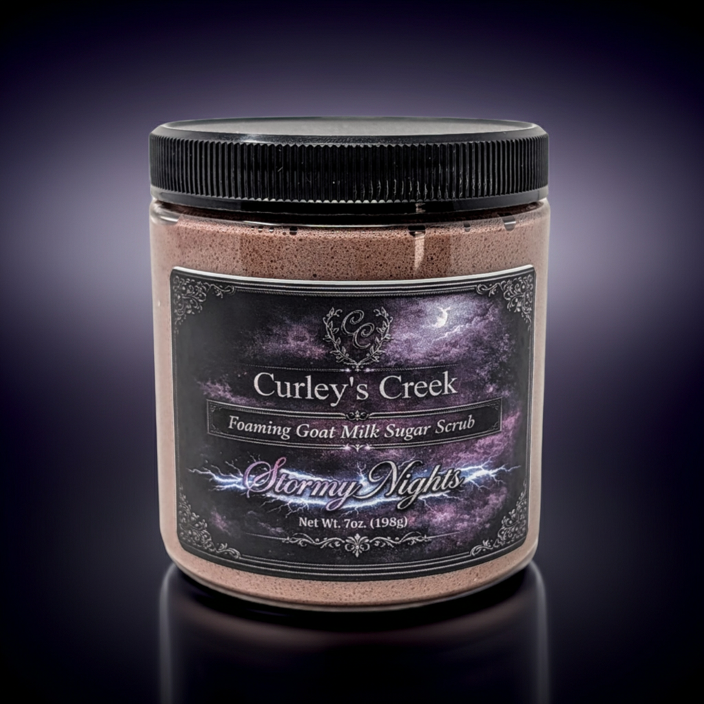 Goat Milk Foaming Sugar Scrub | Stormy Nights | Exfoliating Skincare | Dark Floral & Patchouli | Curley’s Creek®