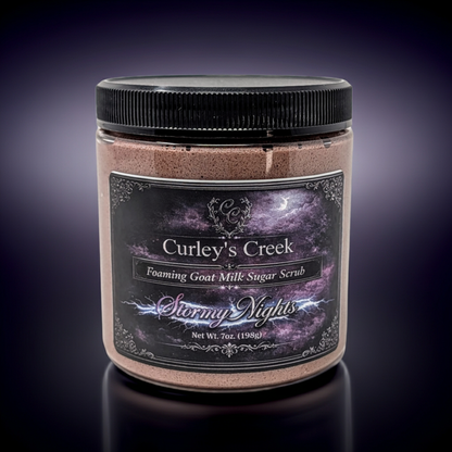 Goat Milk Foaming Sugar Scrub | Stormy Nights | Exfoliating Skincare | Dark Floral & Patchouli | Curley’s Creek®