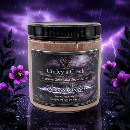 Goat Milk Foaming Sugar Scrub | Stormy Nights | Exfoliating Skincare | Dark Floral & Patchouli | Curley’s Creek®