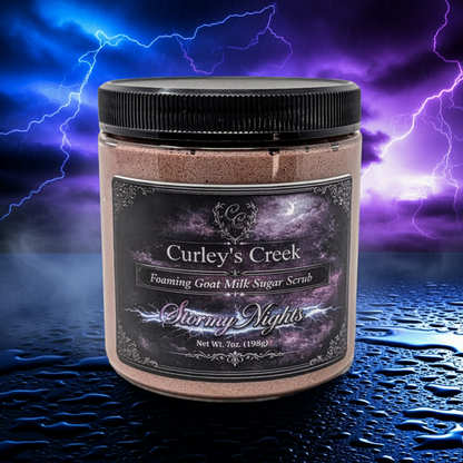 Goat Milk Foaming Sugar Scrub | Stormy Nights | Exfoliating Skincare | Dark Floral & Patchouli | Curley’s Creek®