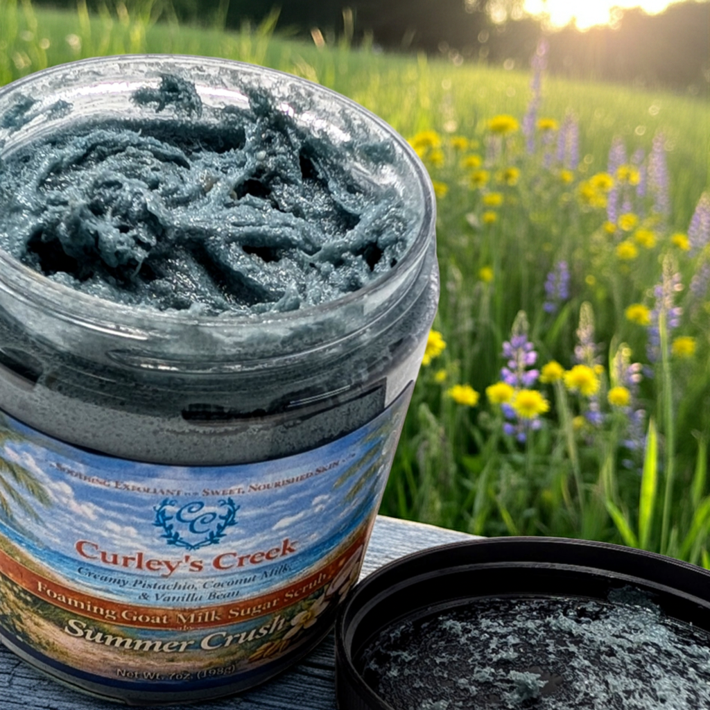 Goat Milk Foaming Sugar Scrub | Summer Crush | Handmade Natural Skincare | Peach, Pistachio & Coconut | Curley’s Creek®