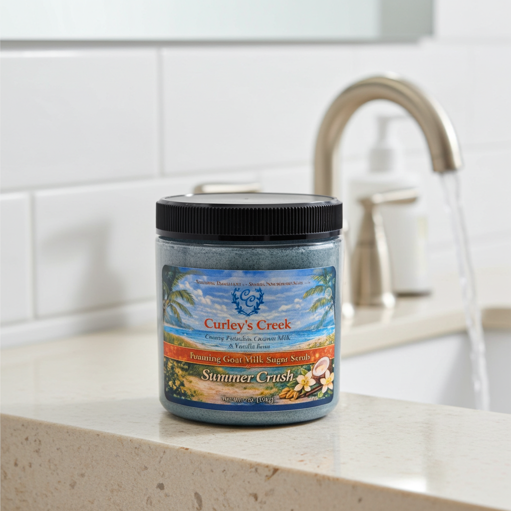 Goat Milk Foaming Sugar Scrub | Summer Crush | Handmade Natural Skincare | Peach, Pistachio & Coconut | Curley’s Creek®