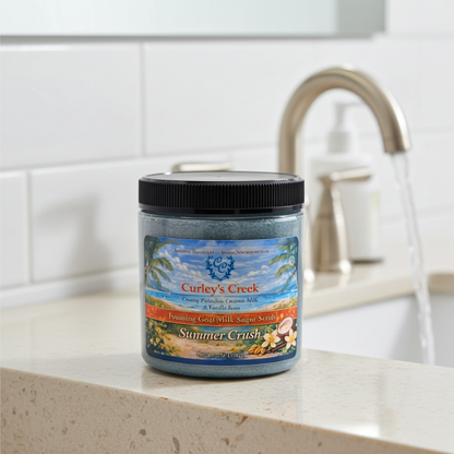 Goat Milk Foaming Sugar Scrub | Summer Crush | Handmade Natural Skincare | Peach, Pistachio & Coconut | Curley’s Creek®