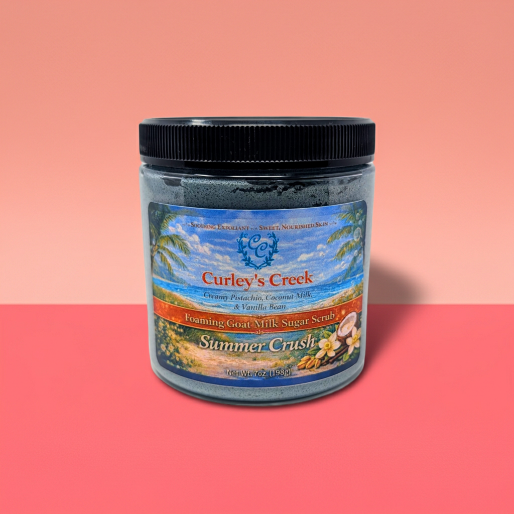 Goat Milk Foaming Sugar Scrub | Summer Crush | Handmade Natural Skincare | Peach, Pistachio & Coconut | Curley’s Creek®