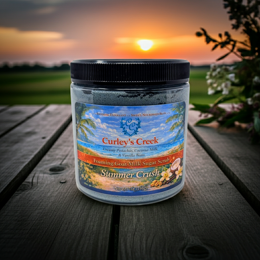 Goat Milk Foaming Sugar Scrub | Summer Crush | Handmade Natural Skincare | Peach, Pistachio & Coconut | Curley’s Creek®