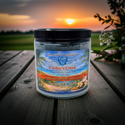 Goat Milk Foaming Sugar Scrub | Summer Crush | Handmade Natural Skincare | Peach, Pistachio & Coconut | Curley’s Creek®