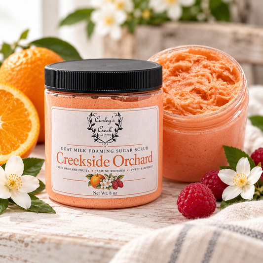 Goat Milk Foaming Sugar Scrub | Creekside Orchard | Handmade Natural Skincare | Fresh Citrus & Berry Blend | Curley’s Creek®
