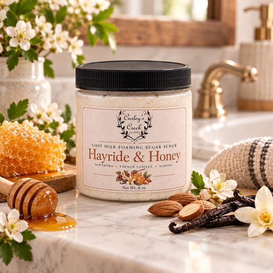 Goat Milk Foaming Sugar Scrub | Hayride & Honey | Handmade Natural Skincare | Oatmilk, Vanilla & Honey | Curley’s Creek®