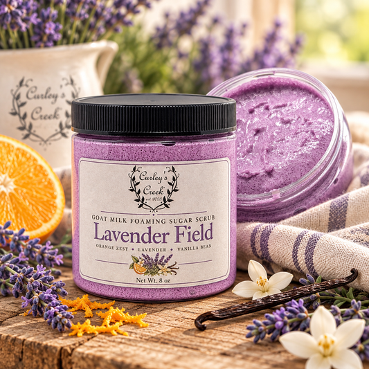 Goat Milk Foaming Sugar Scrub | Lavender Field | Natural Handmade Exfoliating Skincare | Calming Lavender | Curley's Creek®