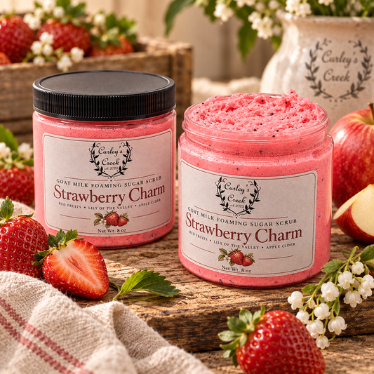 Goat Milk Foaming Sugar Scrub | Strawberry Charm | Handmade Natural Skincare | Red Fruits, Lily of the Valley & Apple Cider | Curley’s Creek