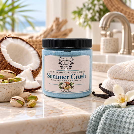 Goat Milk Foaming Sugar Scrub | Summer Crush | Handmade Natural Skincare | Peach, Pistachio & Coconut | Curley’s Creek®