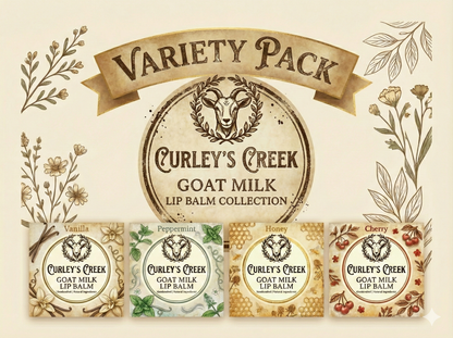 🎁 Goat Milk Lip Balm Variety Pack | Cherry, Vanilla, Honey & Peppermint | Curley’s Creek